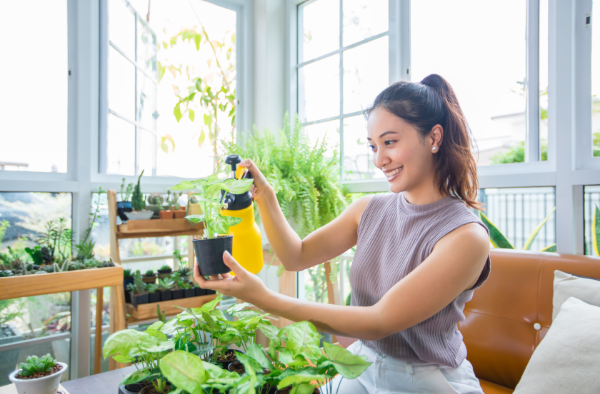 Woman misting her houseplants