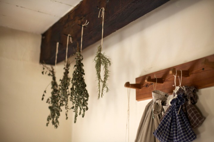 A kitchen herb garden with plants in pots and mounted planters