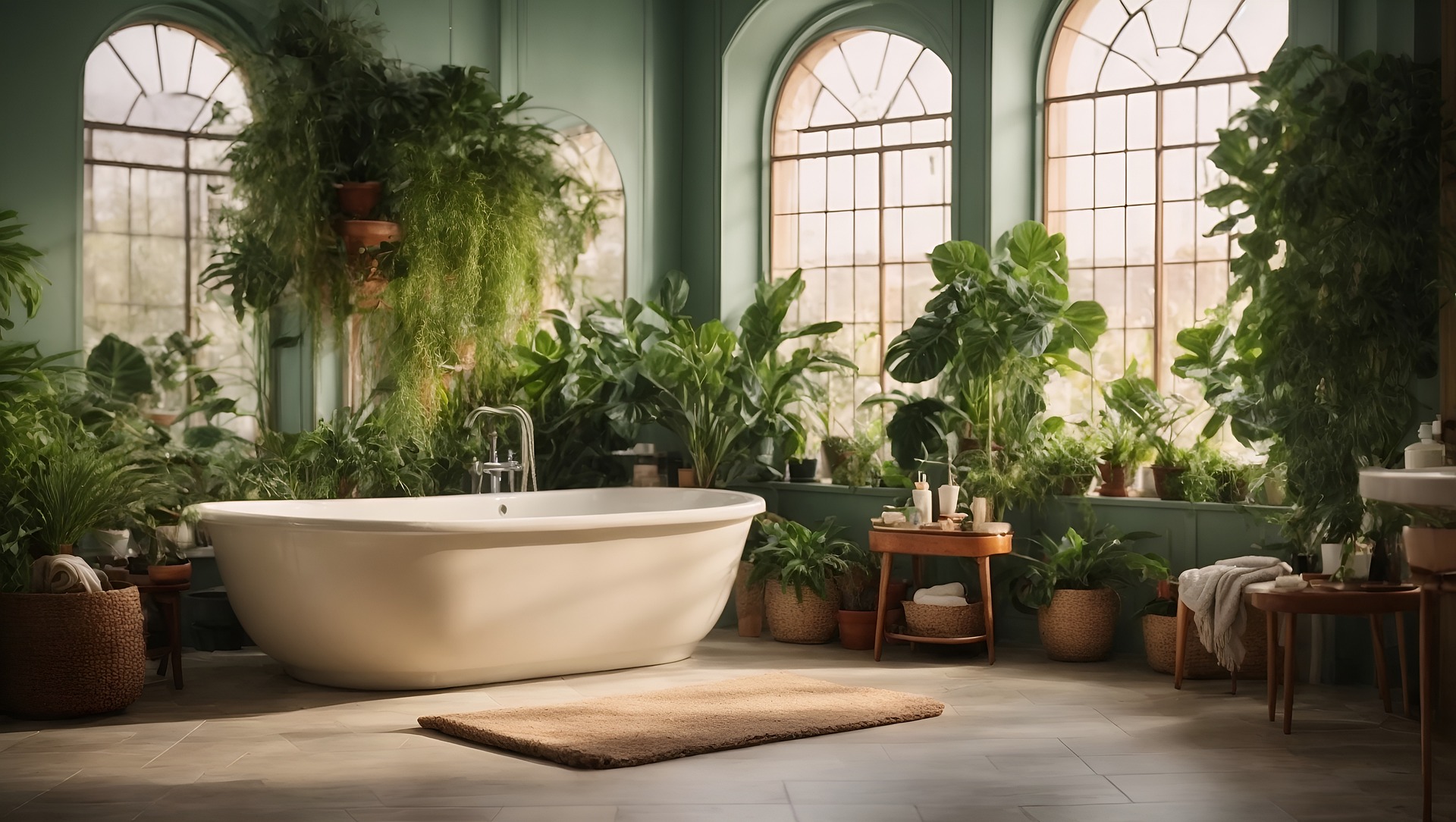 A picture of a bathroom with peace lilies, potted plants and great plant