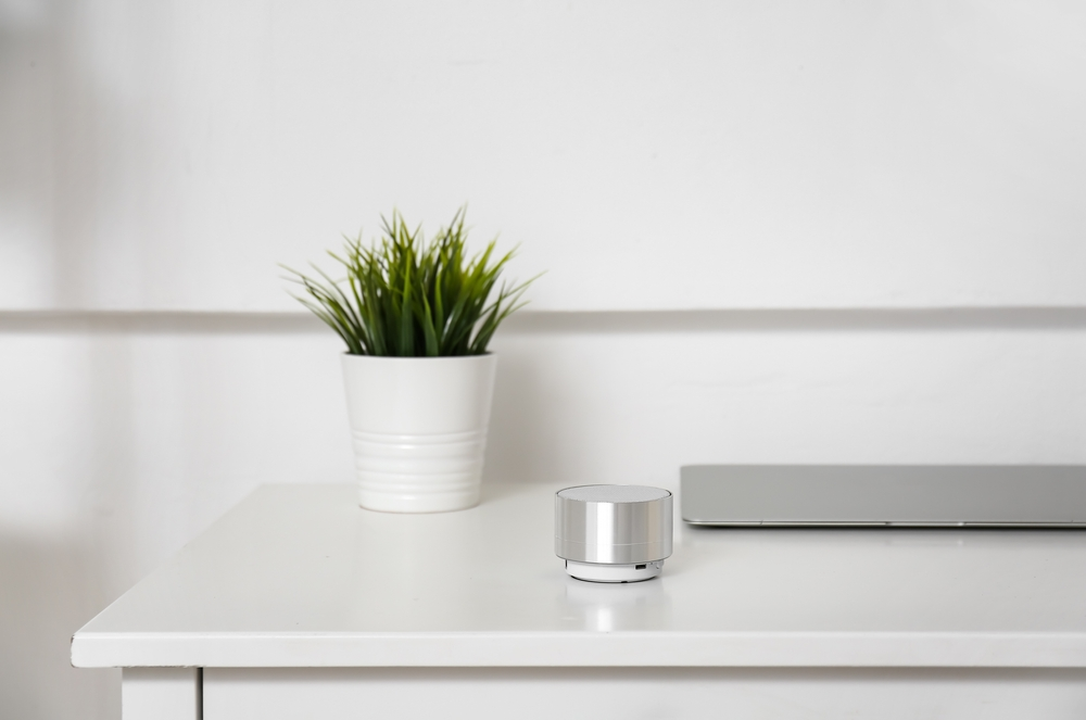 A person listening to nature sounds with a plant in the background