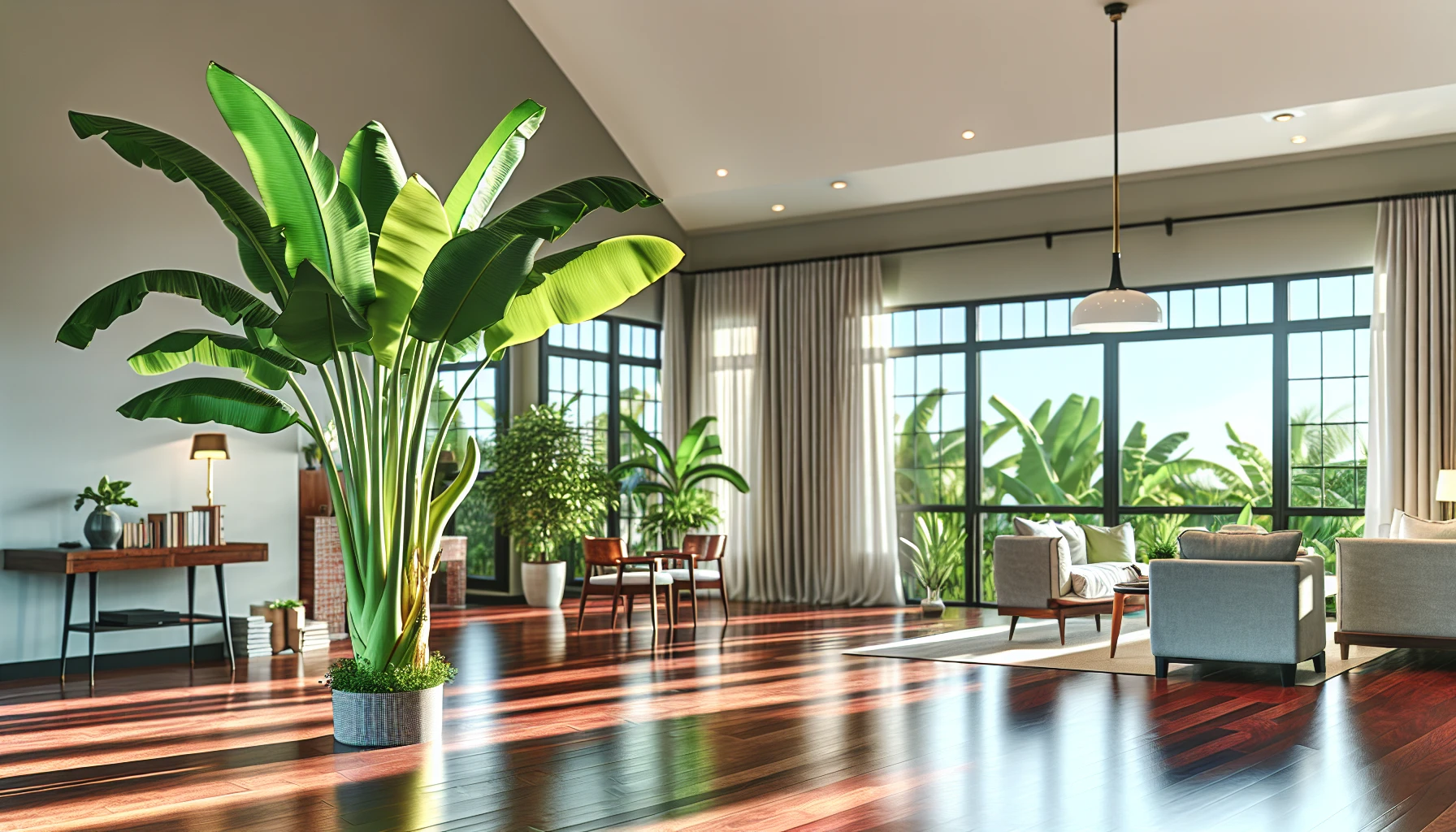 Lush Banana Plant creating a tropical oasis in a spacious living room