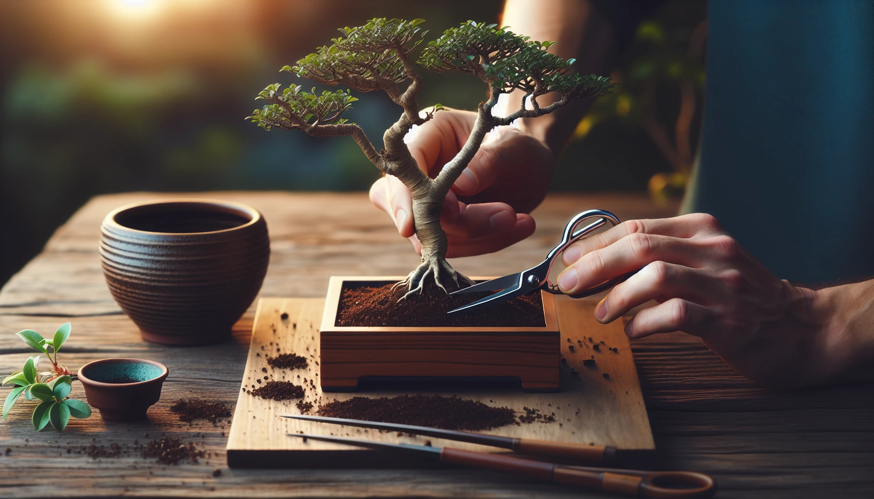 Preparing bonsai cuttings with soil and container