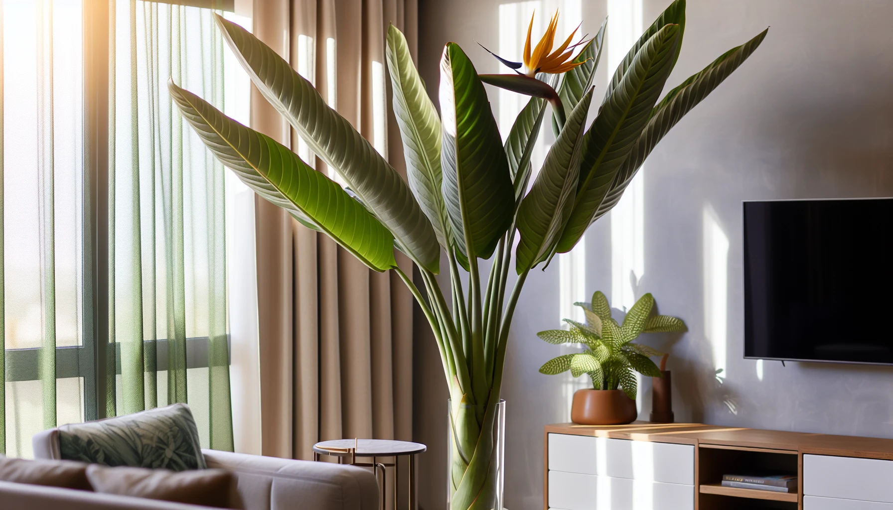 Tropical Bird of Paradise plant standing tall in a bright, sunlit corner of a living room