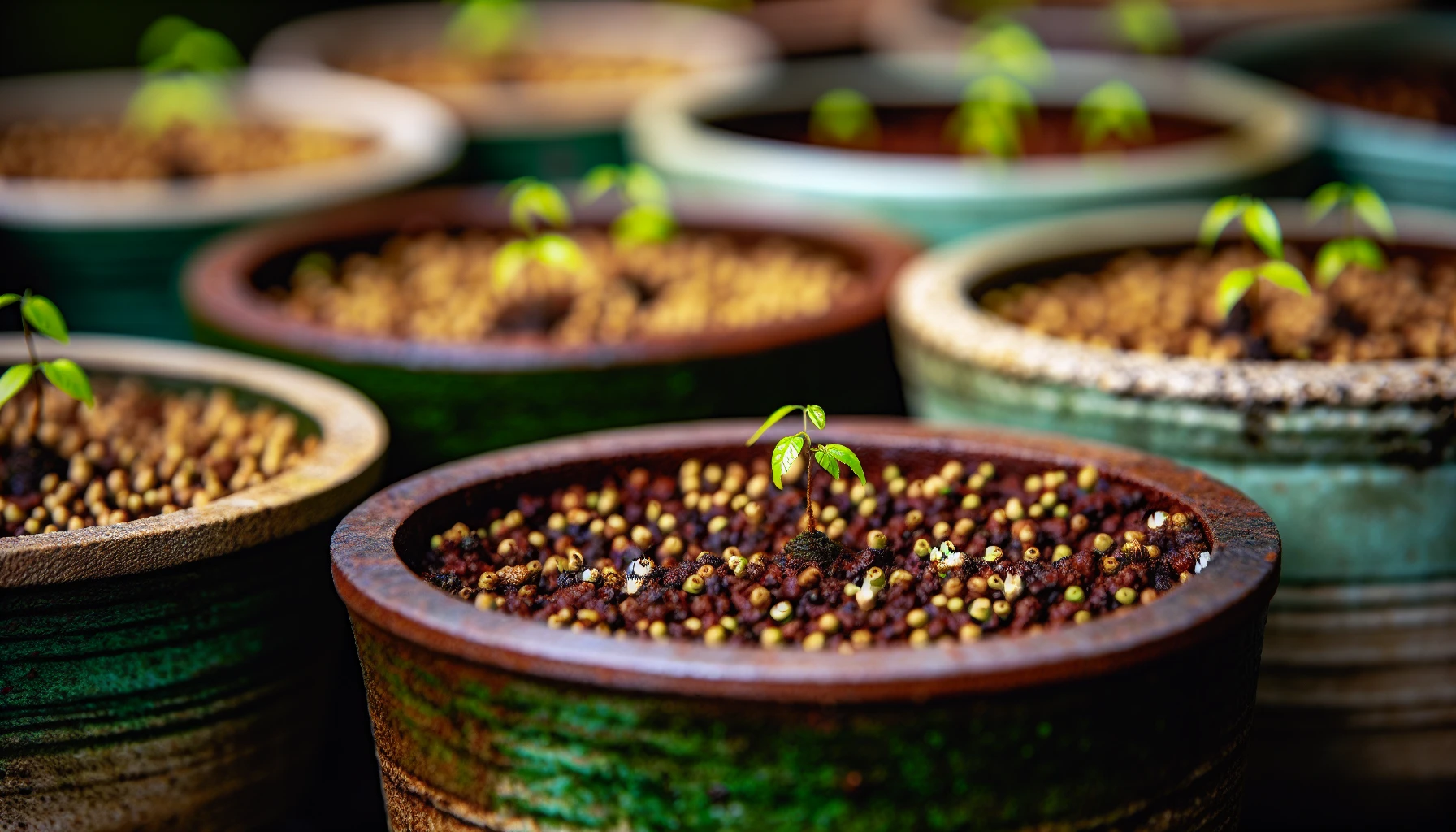 Young tree seedlings growing in bonsai pots