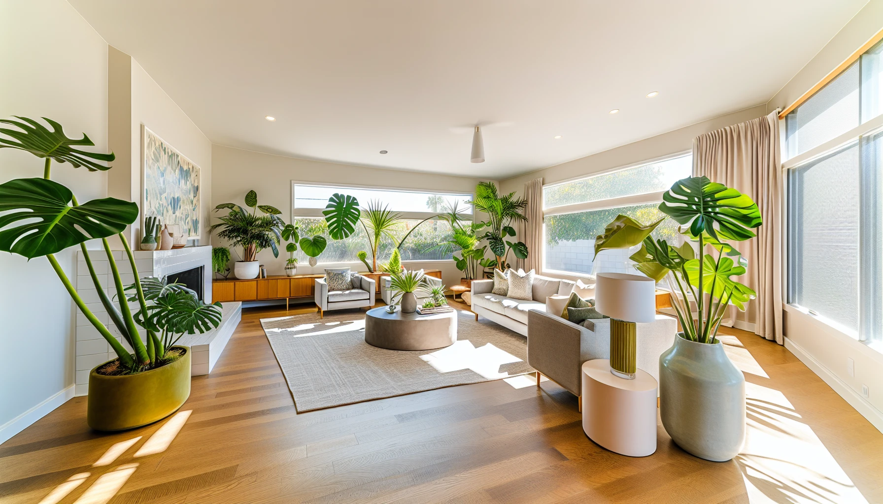 A spacious living room filled with vibrant greenery and large indoor plants, creating a welcoming atmosphere