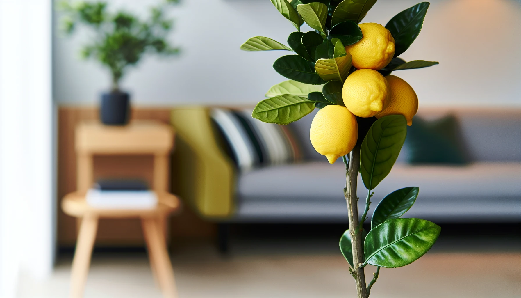 A cluster of ripe Meyer lemons hanging from an indoor citrus tree