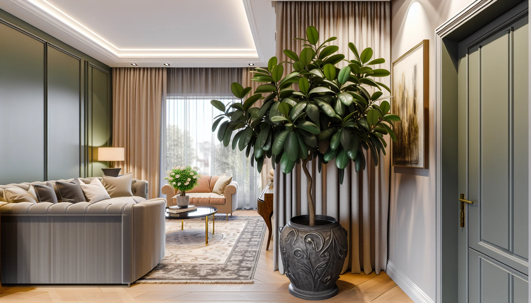 A stylish living room with a statement rubber tree in a decorative pot