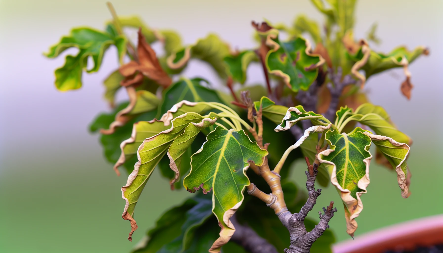 Wilting leaves on a bonsai tree