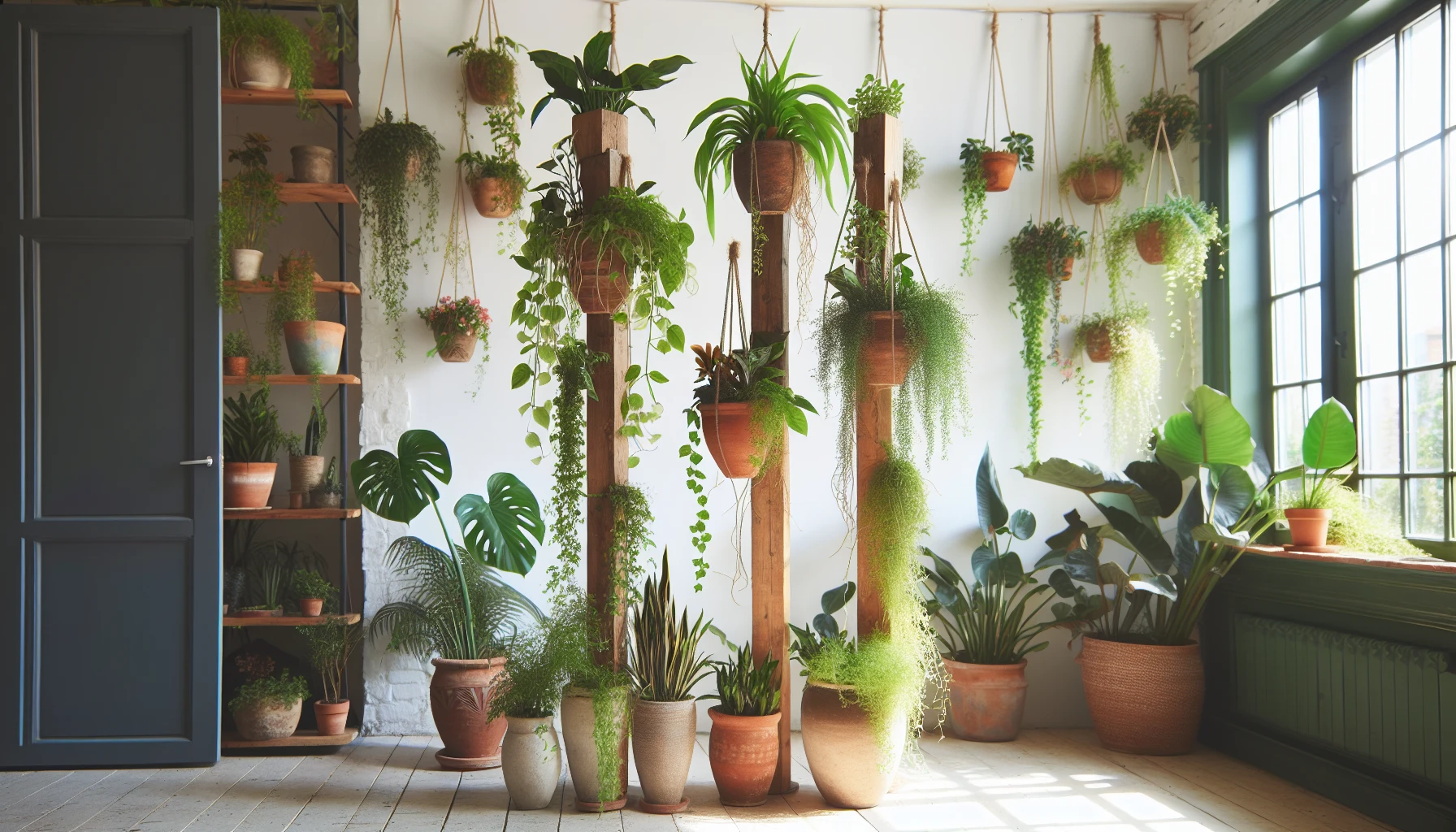 A variety of hanging plants in flower pots displayed on plant poles