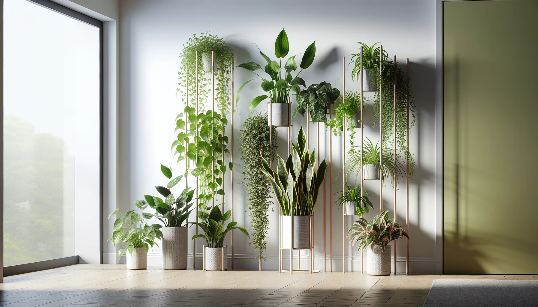 Assortment of low-maintenance plants suitable for indoor plant poles