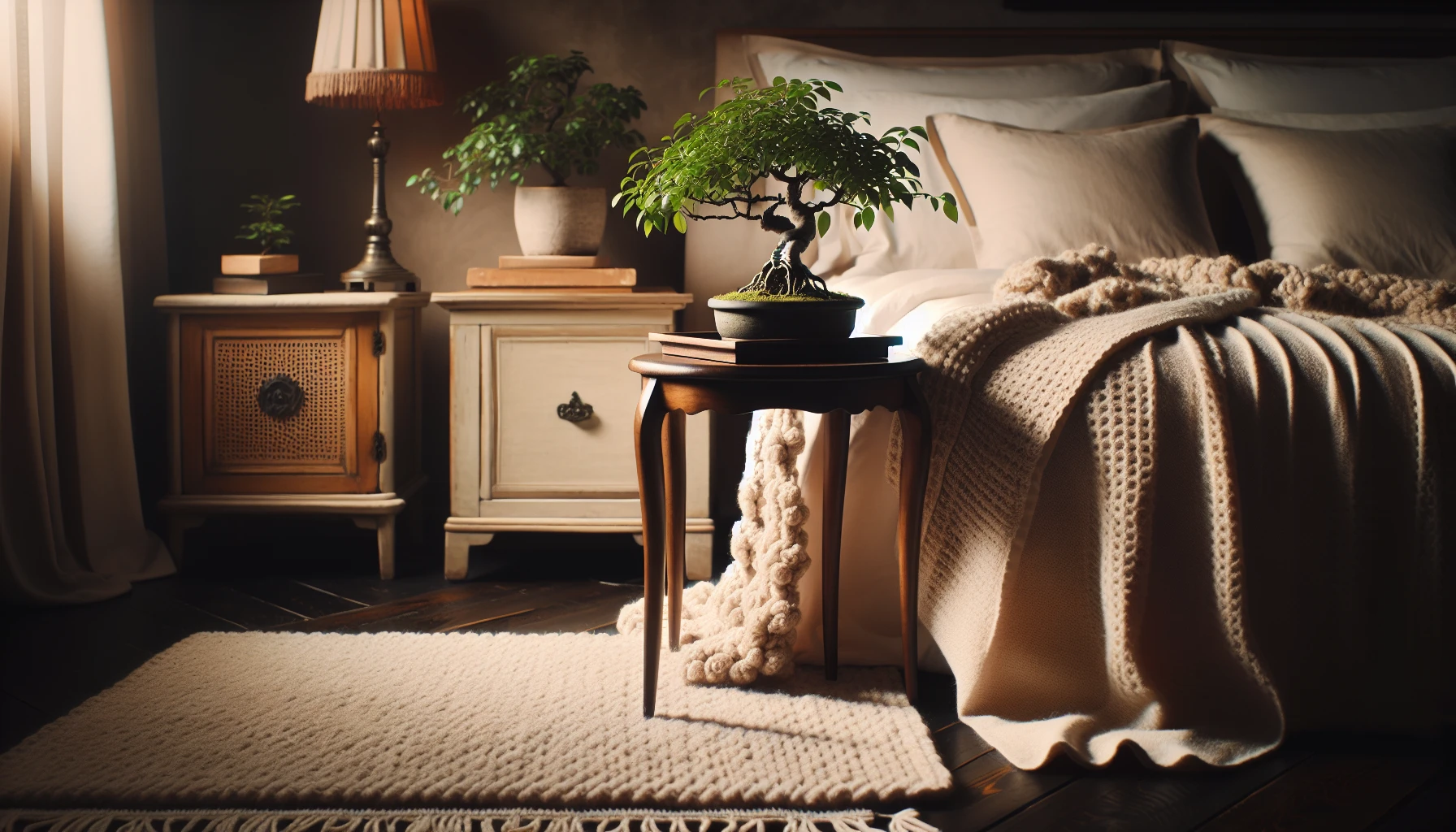 Ficus Bonsai tree in a cozy bedroom setting