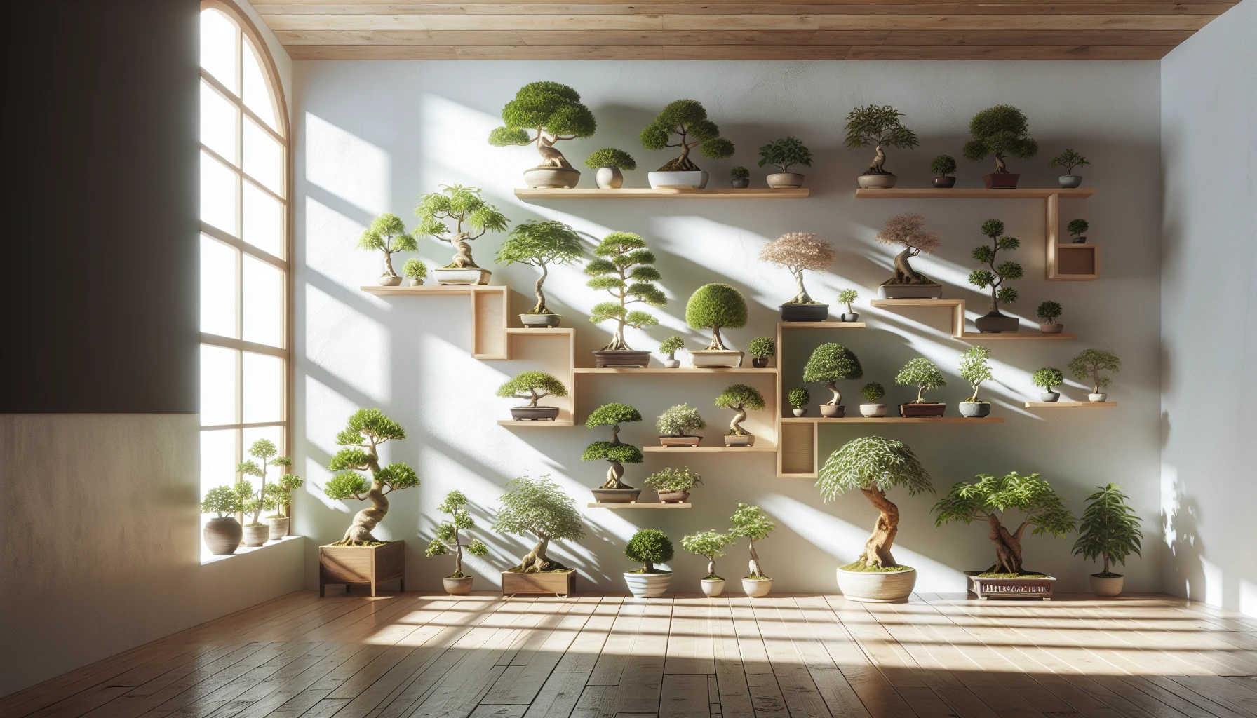 Arrangement of various bonsai trees in an indoor space