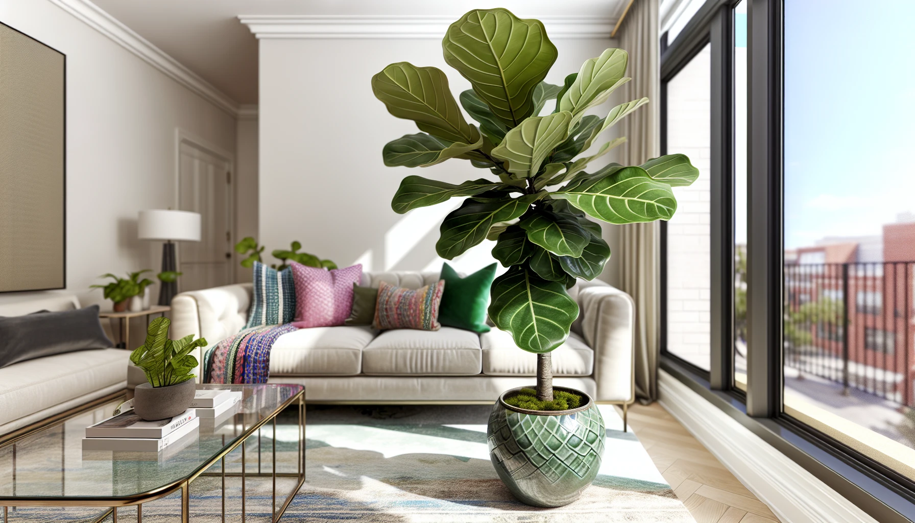 Elegant Fiddle Leaf Fig plant complementing a well-lit living room with its lush, glossy leaves